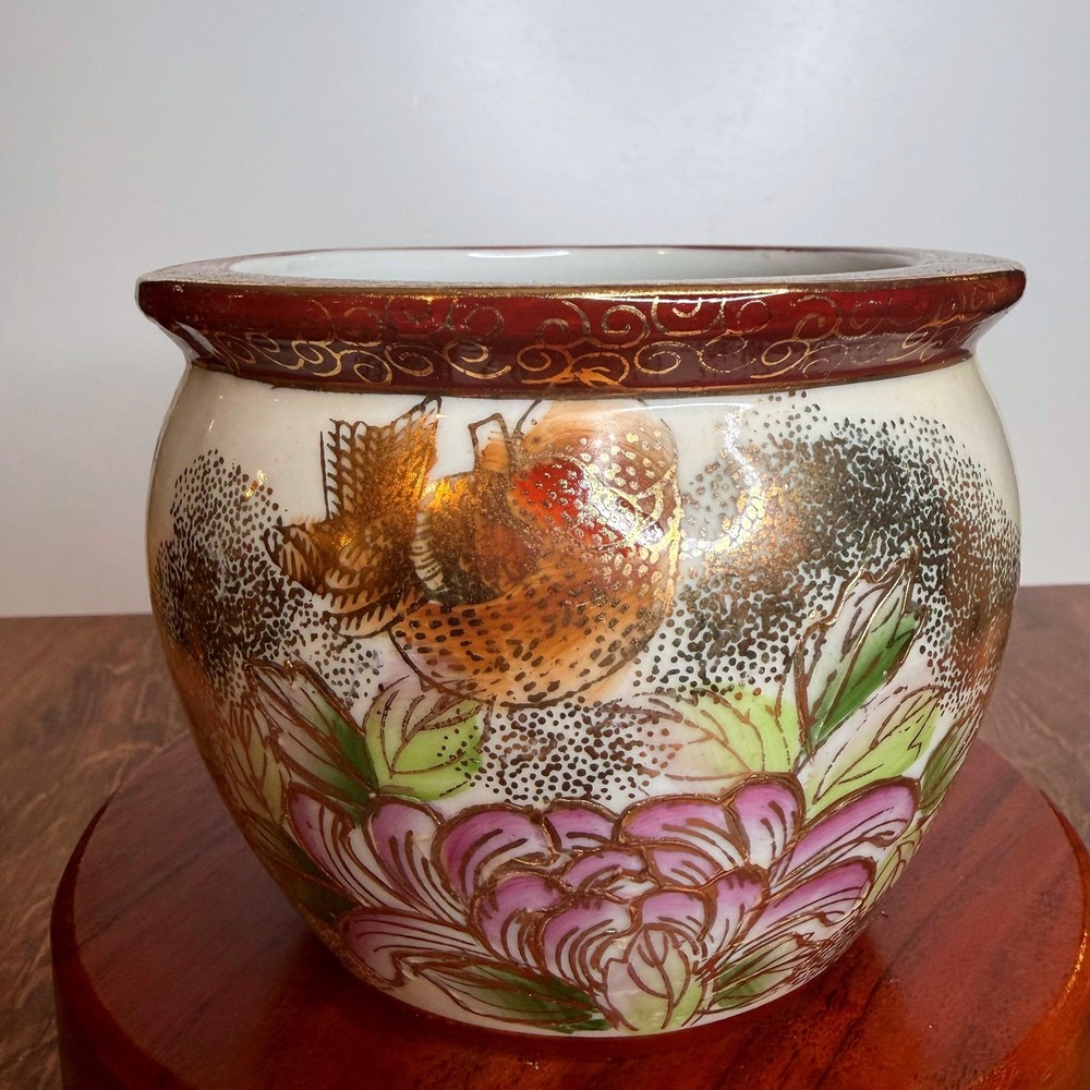 Vintage Lemax Hand Painted Pheasant Floral Porcelain Planter Cachepot
